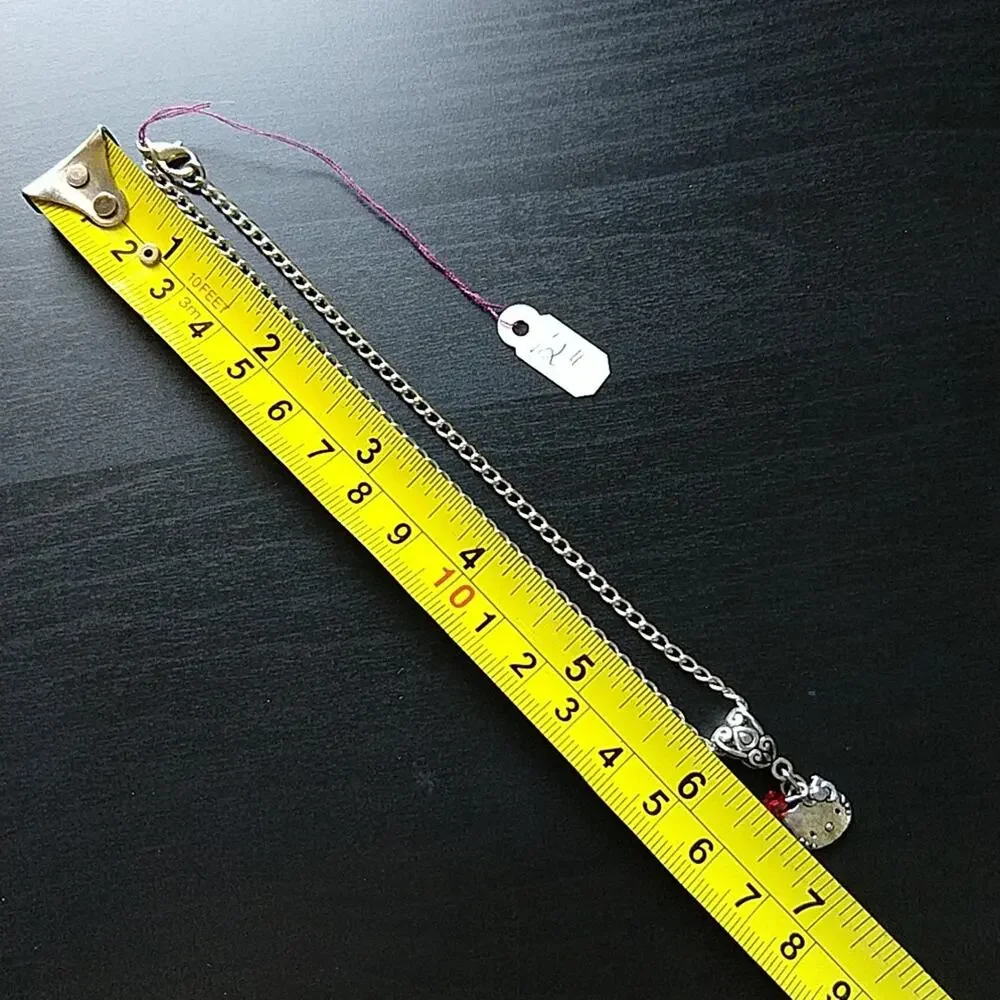 Anklet, Hello Kitty Silver tube bail red bead 12